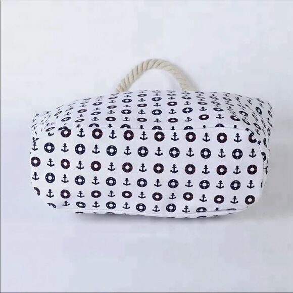 Large Capacity Cotton Zip Top Nautical Tote Beach Bag with Rope Straps - Picture 3 of 3